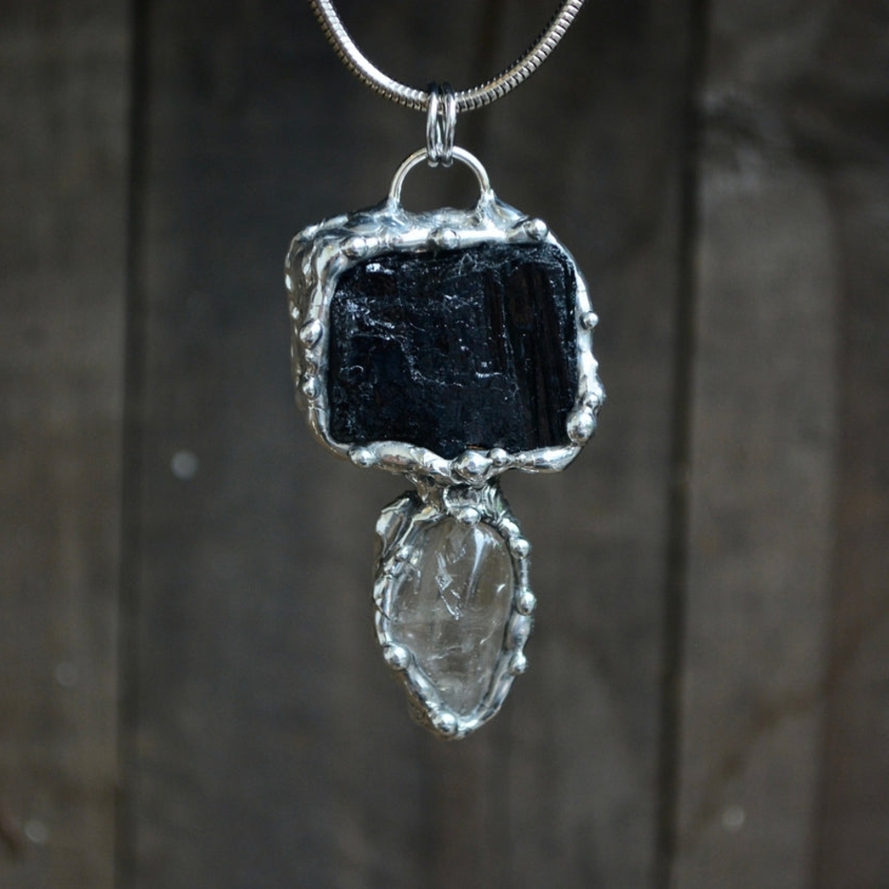 Black Tourmaline And Smokey Quartz Crystal Necklace